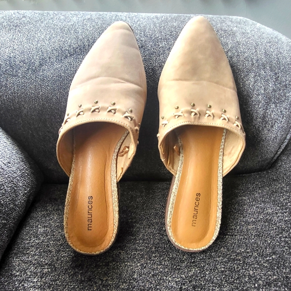 Maurices Tan Mules with Perforated Design.